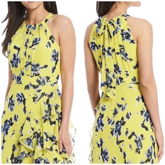 Eliza J NWT Halter Ruffle Maxi Dress 12 Sleeveless Chiffon Gown Yellow Blue - Picture 3 of 4